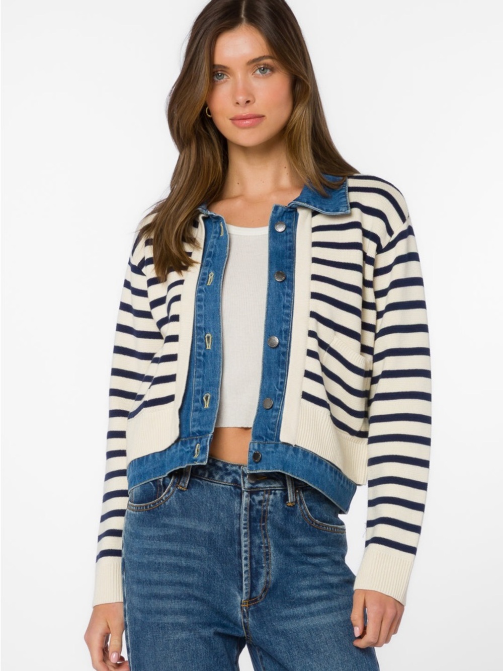 Velvet Heart Navy & Cream Striped Knit Cardigan with Denim Trim